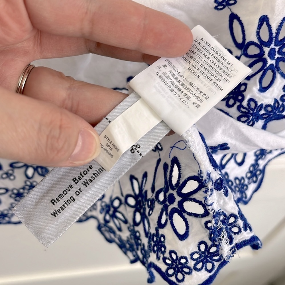 MADEWELL | EUC Story Top White with Blue Floral Embroidery Ruffle Cap Sleeve - Picture 7 of 11